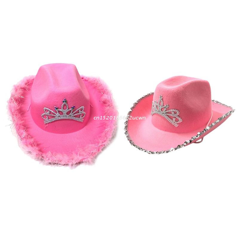 Wool Felt Fedoras in Europe Style for Birthday Celebration Tiara Hats in Pink with Sequins-Ornamented Selvege