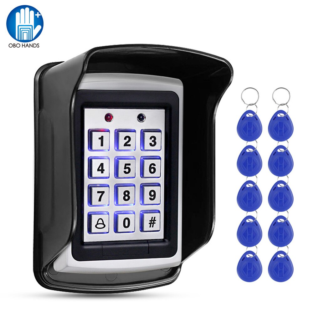 Contactless Rfid Teclado de Control de Acceso de Metal Con Cubierta A Prueba de agua Controlador de La Puerta Eléctrica de Bloqueo de Seguridad + 20 unids 125 KHz Llaveros