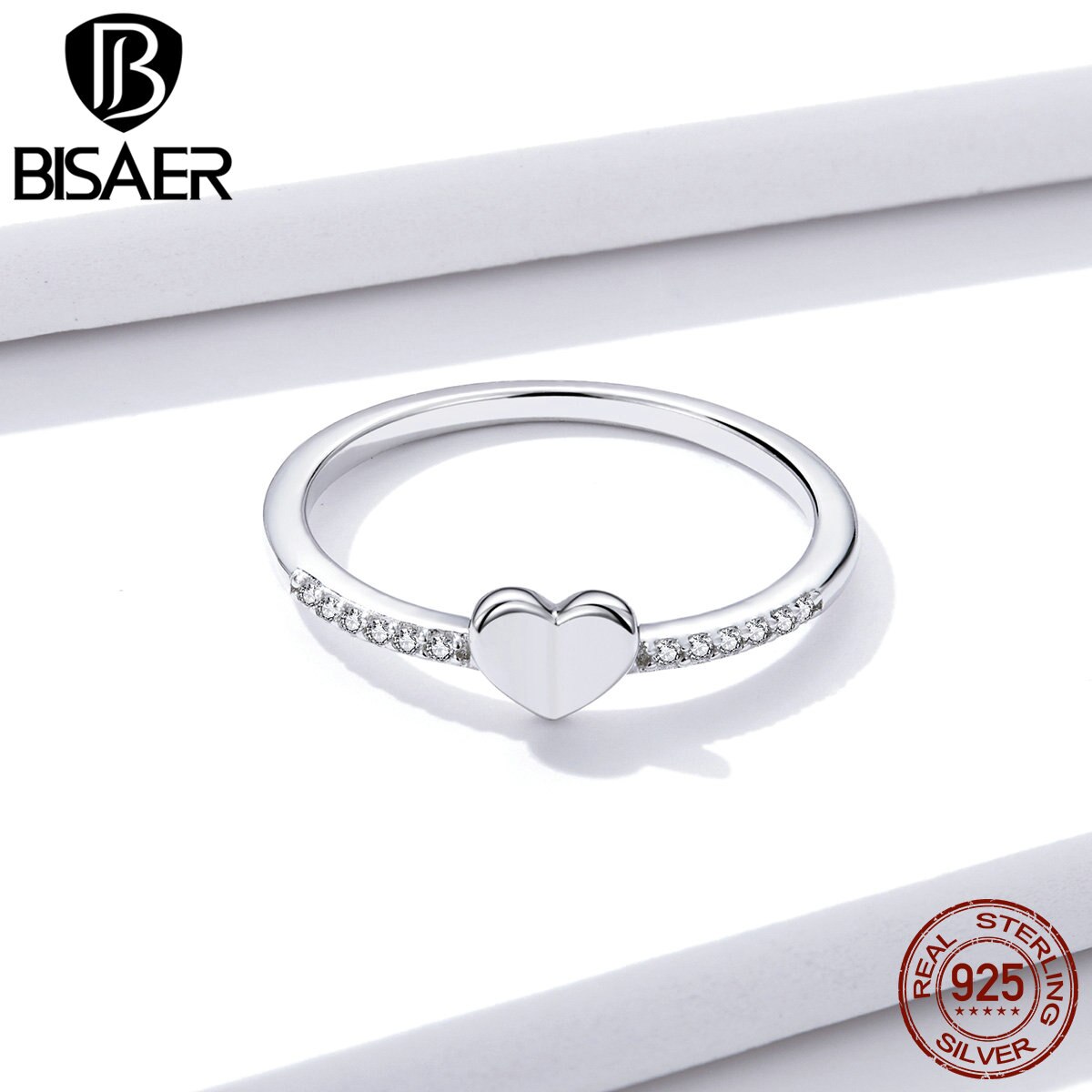 BISAER Folded Heart Rings 925 Sterling Silver Shiny Zircon Finger Simple Ring For Women Wedding Engagement Jewelry EFR121