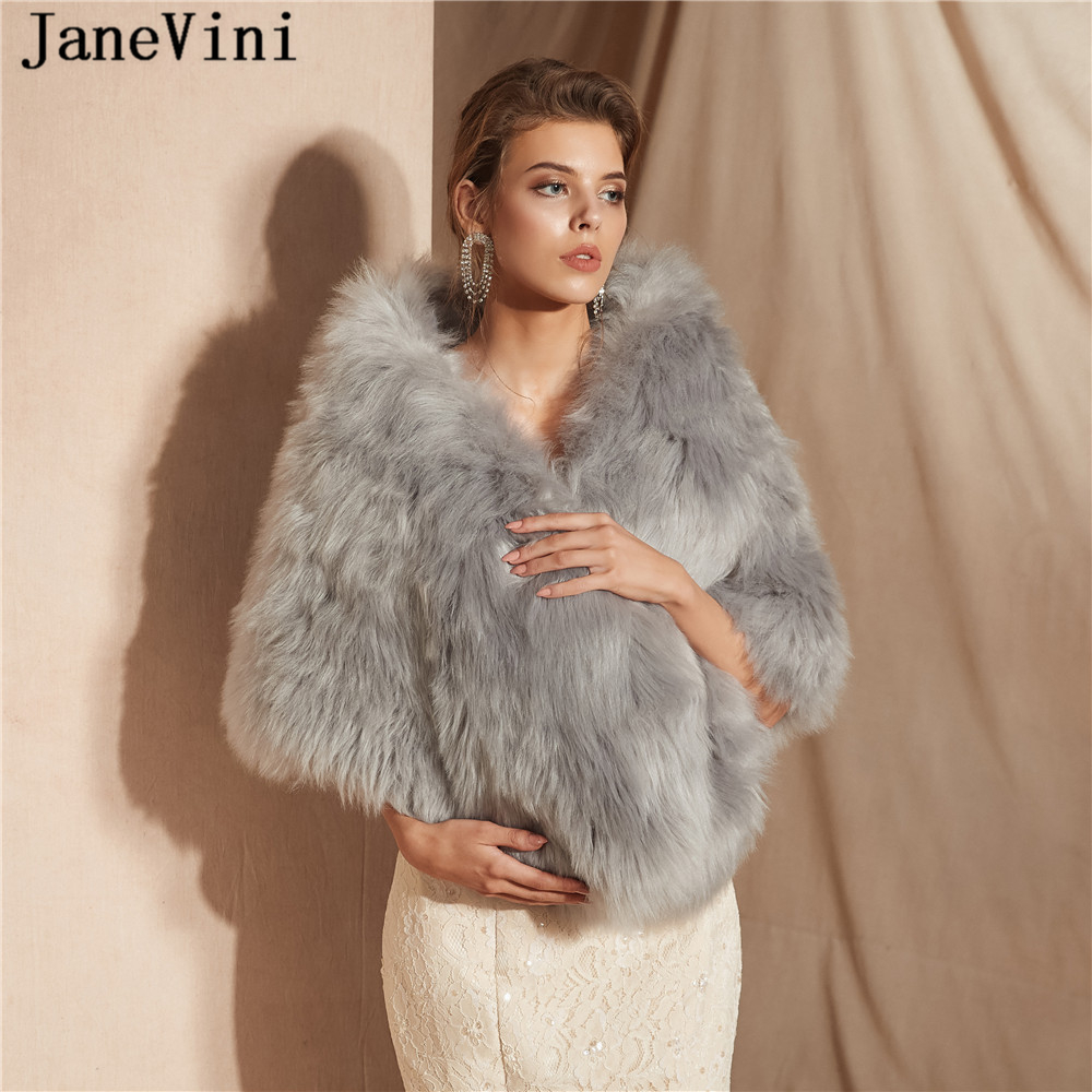 Janevini grå fuskpäls jackor dam sjalar bröllop brudomslag vinter varm cape mantel axelryckning bolero äktenskap femme