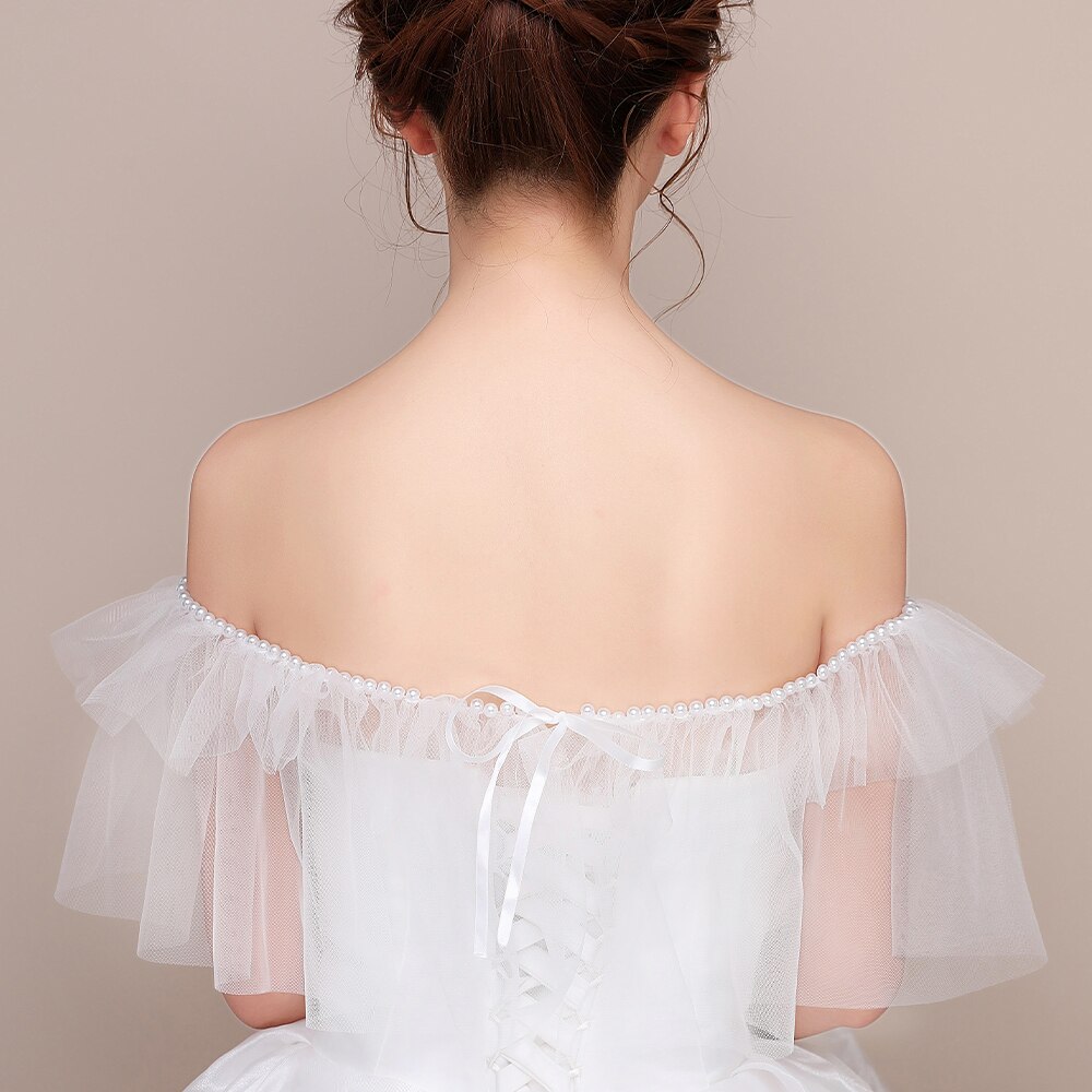 Frauen Elfenbein Hochzeit Braut wickeln Elegante Perlen Rüschen sexy schier Tüll Schal mit Band Weg Von der Schulter Stola für Formale kleid