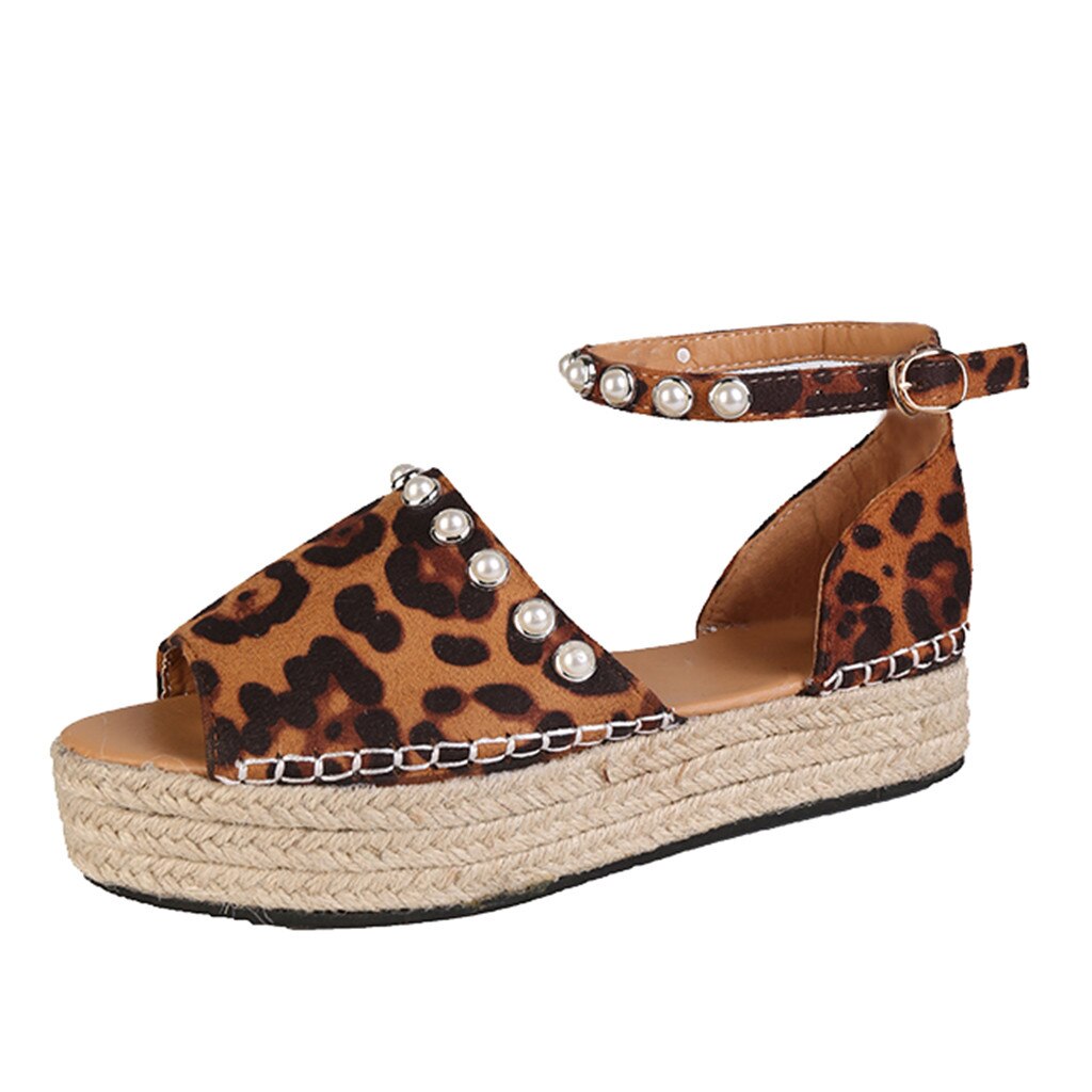 Womail Leopard Print Wedges Sandals Roman Shoes Ladies Pearl Open Toe Sandals With Ankle Strap Summer Sandals Women: MR / 38