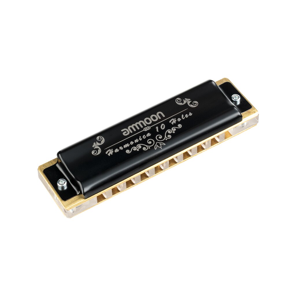 Ammoon 10 Hole Blues Harmonica - C Key - Brass Reeds & Acrylic Comb - Includes Storage Case