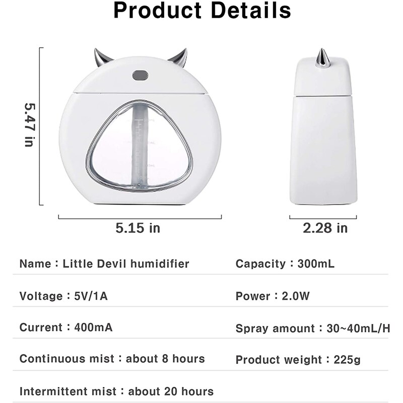 Humidificador de USB de oficina de coche DC5V 1A 2W diablo humidificador con luz nocturna máquina de aromaterapia de aire tres en uno