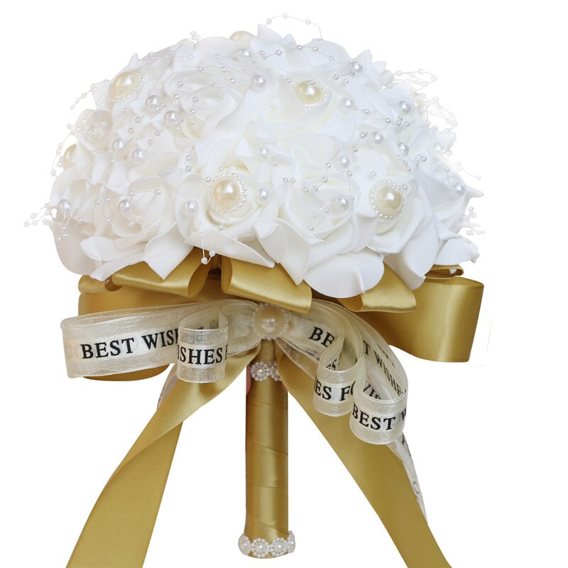 Fleur Rose PE Bouquet demoiselle d'honneur tenant des fleurs mariée ruban De soie Bouquets De Mariage mousse Rose avec perle fête De Mariage W205: white gold