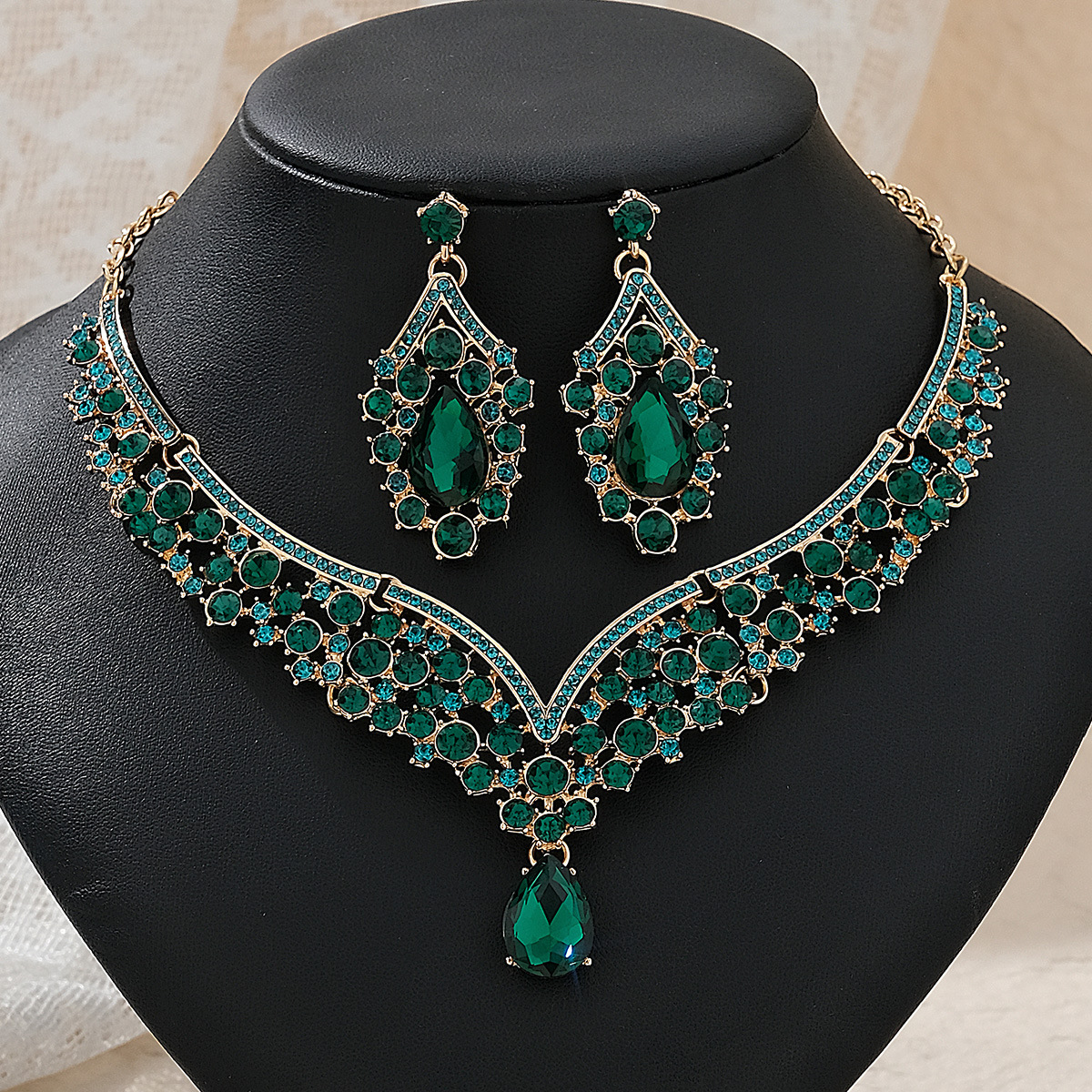 Barokke Kristal Strass Bruidssieraden Sets voor Vrouwen Trouwjurk Kroon Oorbel Tiara Ketting Set Prom Bruid Sieraden Sets: Donkergroen