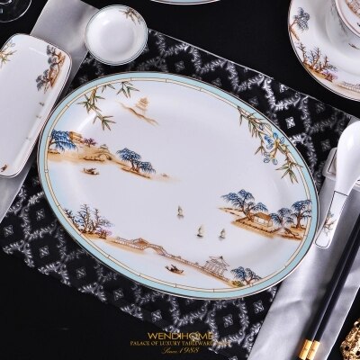 Chinese Style Porcelain Dinner Plates High-end West Lake Hotel Tableware Cutlery Set Decorative Flat Steak Plate: 12 inch fish plate
