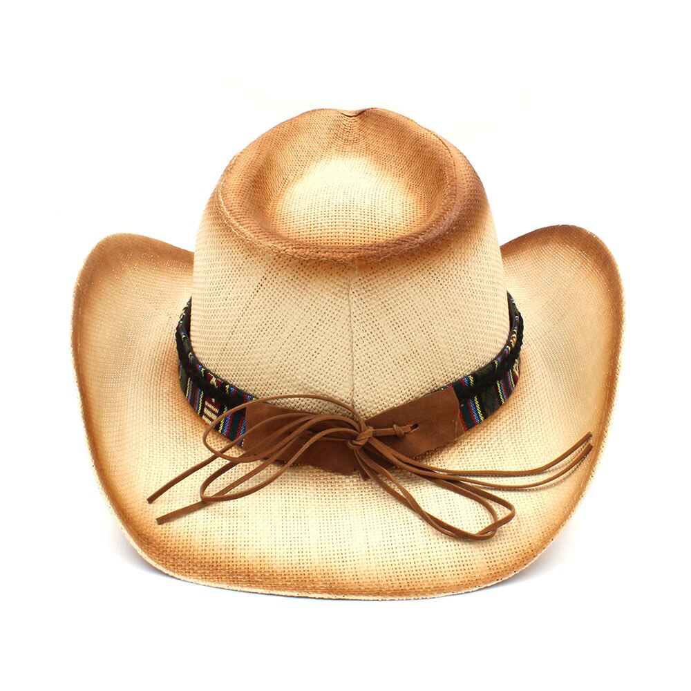 Stro cowboyhoed voor dames en heren met bohemian stierenhoofdband voor dames en vaders, western sombrero hombre cowgirl jazz petten maat 58cm