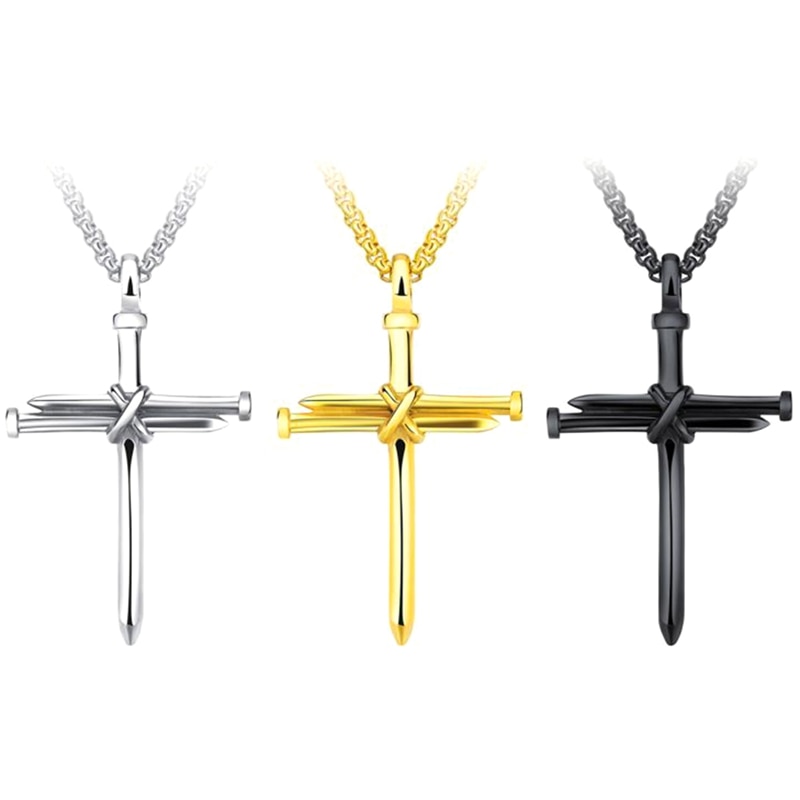 Männer Schmuck Edelstahl Nagel Seil Kreuz Anhänger Halskette
