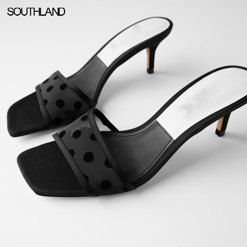 Southland Zomer Sexy Vrouwen Med Hak Slide Sandalen Zwarte Stip Air Mesh Vrouwelijke Slippers Buiten