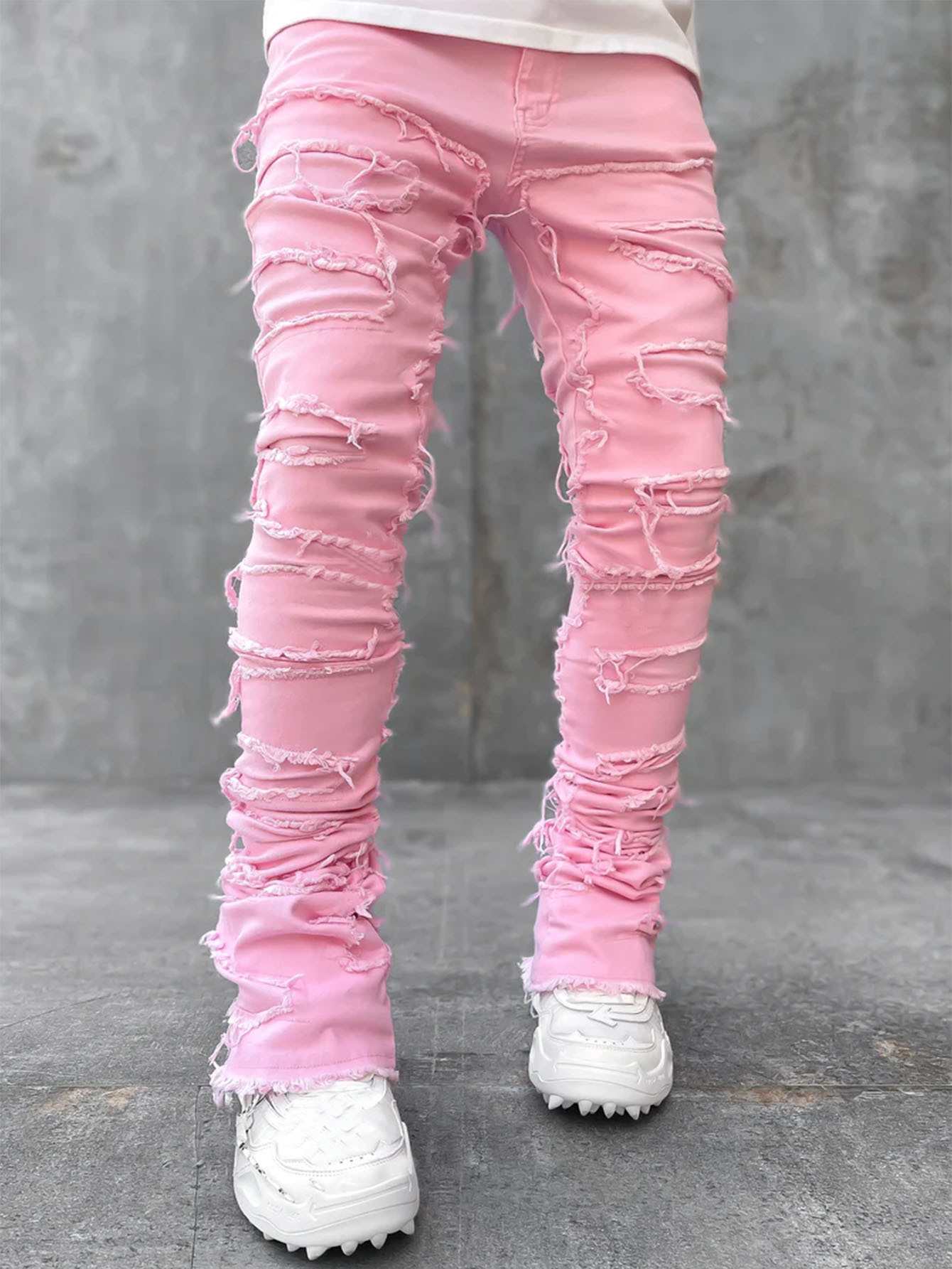 Stretch patch herrejeans  y2k patchwork kvaster dekoration lige denimbukser til mænd hiphop jeansbukser: M / Himmelblå
