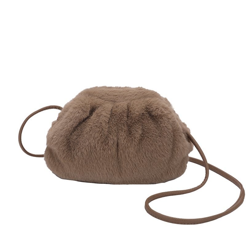 Damestas pluis kreuk wolkentas winter herfst pure kleur dames slingbag: Bruin