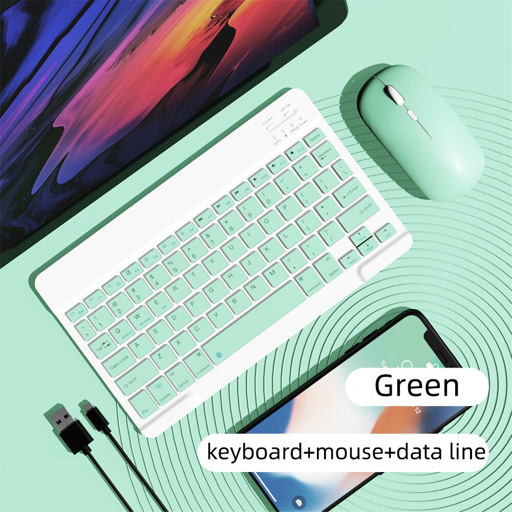 rechargeable wireless keyboard and mouse portable wireless mini bluetooth keyboard mouse set for laptop tablet notebook: Green