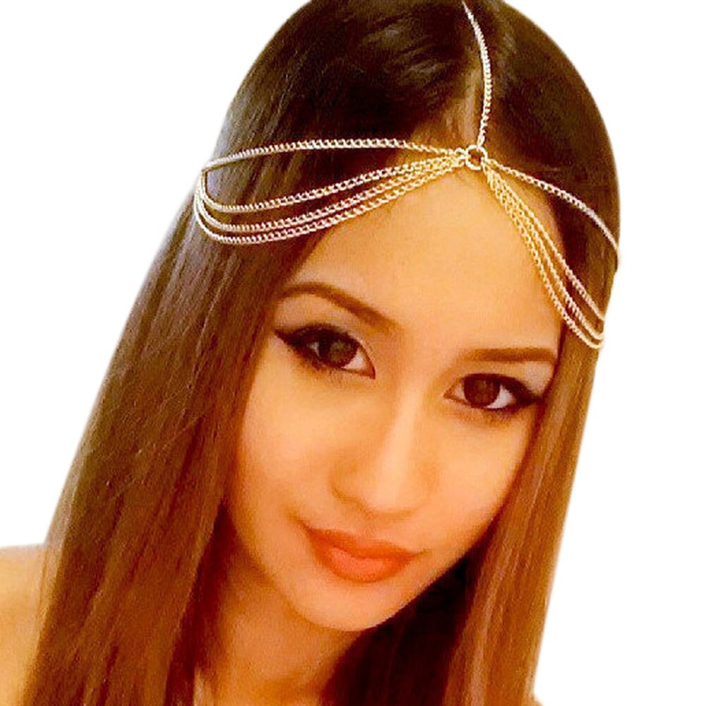 Bohemian Hair Jewelry Party Wedding Vantage Crown Metal Tassel Women Head Chain Headband Headpiece NIN668: Gold  style 2