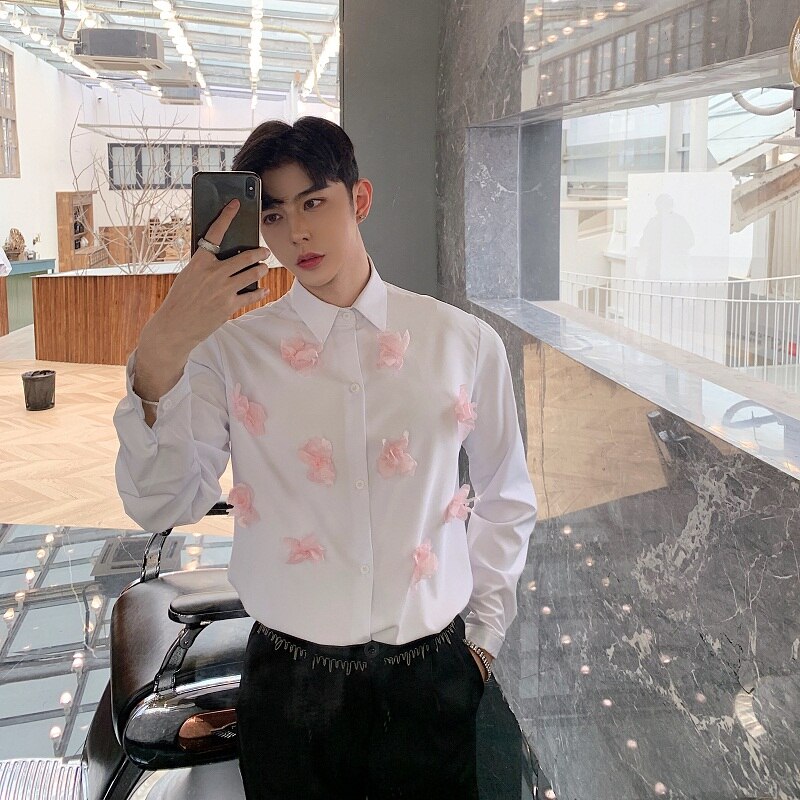 Men's White Shirt with Pink Flowers Decoration Stylish Shirts Long Sleeve Applique M-XL