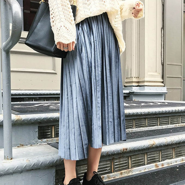 Danjeaner våren kvinnor lång metallic silver maxi plisserad kjol midikjol hög midja elascity casual partykjol vintage: Blå grå