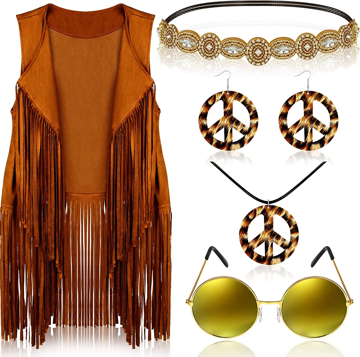6 Pcs 60s 70s Hippie Costume for Women Peace Sign Earring Necklace Headband Fringe Vest Tassel Cardiga Disfraz Halloween Mujer: S