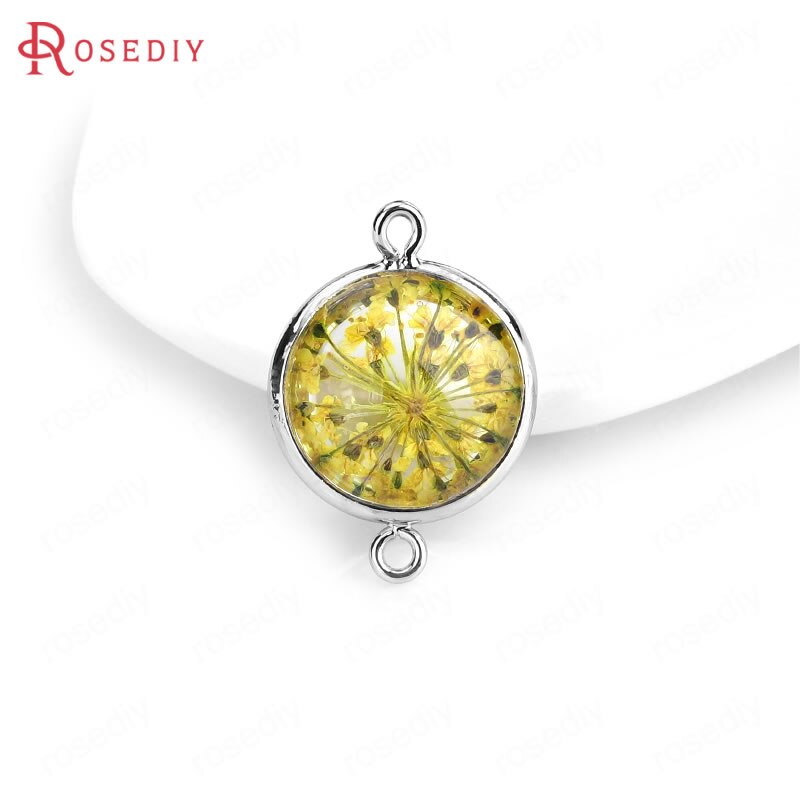(C828)6 pieces 14x20mm 24K Gold Color Brass and Glass 2 Holes + Dried Flower Round Connect Charms Pendants Diy Jewelry Findings: 35624