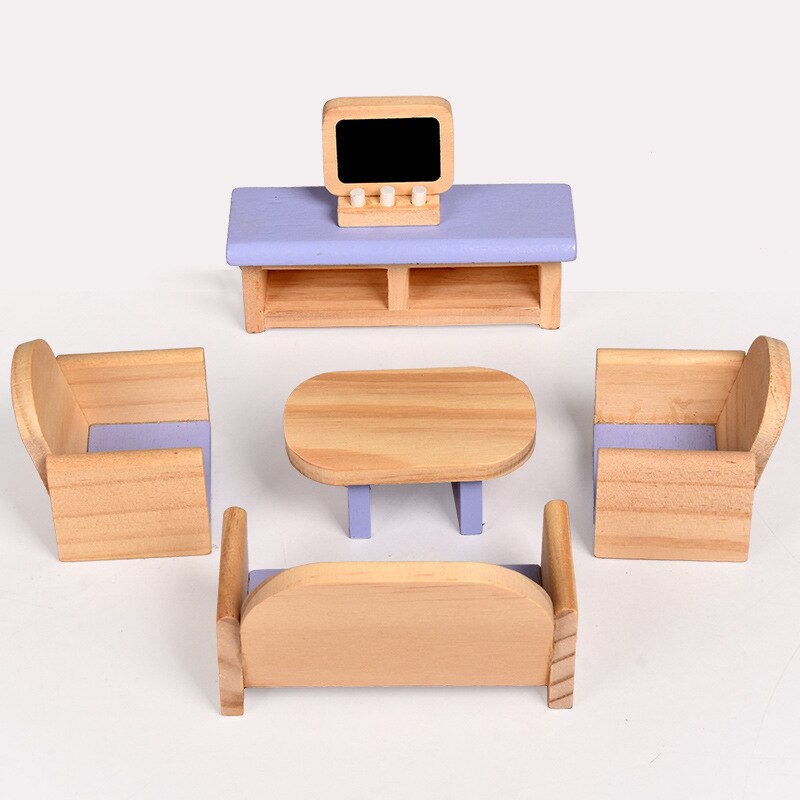 Kleurrijke houten poppenhuismeubels, houten miniatuur keukenhuismeubels, poppendecoratie-accessoires, fantasiespel, kinderspeelgoed