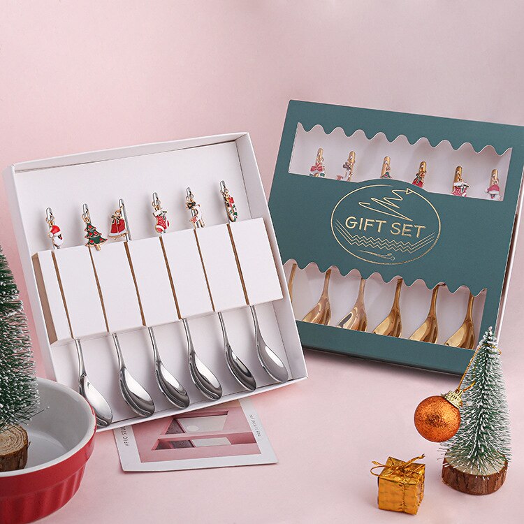 Christmas Spoon Vacuum Plating Stainless Steel Coffee Spoon Long Handle Tea Spoons Kitchen Drinking Flatware