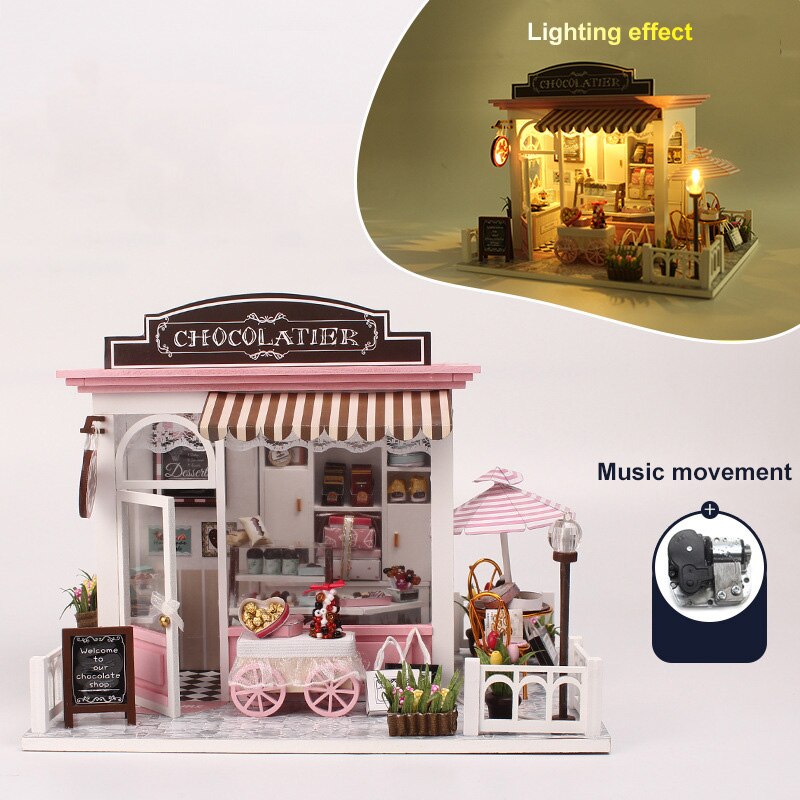 DIY domek dla lalek ręczna zabawka robić montażu Model fantastyczny pomysł kakao sklep kreatywny drewniany budynek świetlny drewniany domek dla lalek zabawki