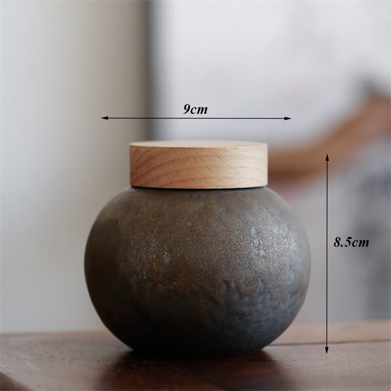 Ceramic Handmade Tea Caddy Coarse Pottery Geometric Sealed Storage Jar with Wood Cover Food Container Tea Ceremony: E