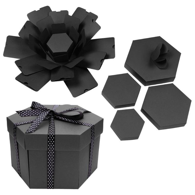 DIY Photo Album Box Hexagonal Folding Scrapbooking Photo Albums Memory Box for Birthday Valentine's Day Wedding: Black