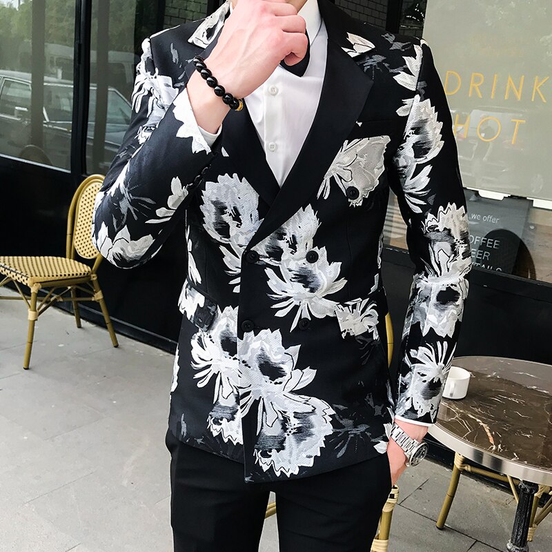 Blommig kavaj herr svart guldtryck slim kavaj dubbelknäppt gentleman wedding club casual kavaj