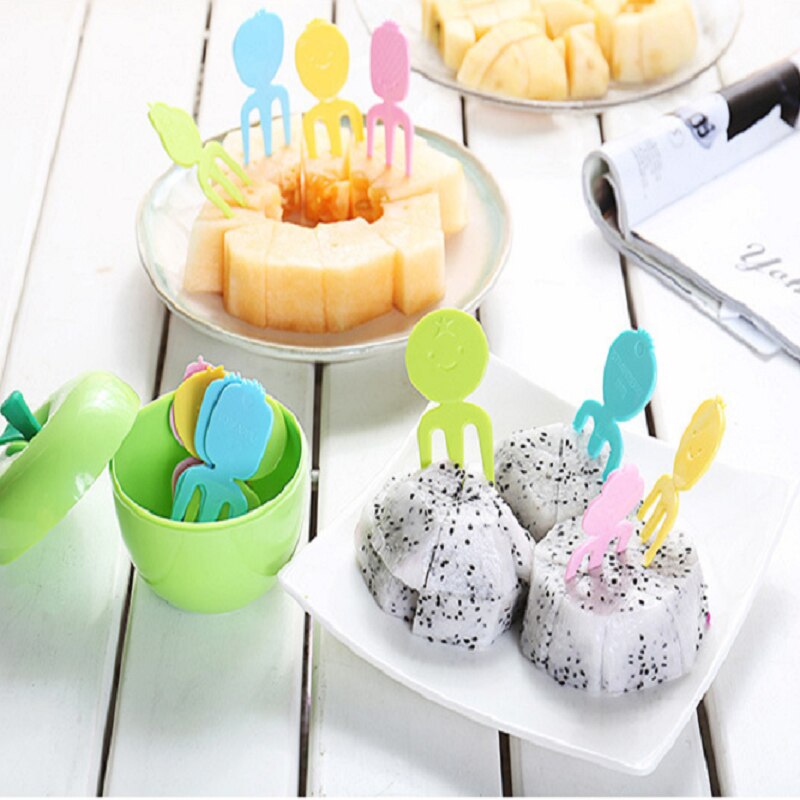 10 Stuks Fruit Vork Fruit Mini Plastic Kids Fruit Stok Apple Doos Menselijk Vormige Lachend Gezicht Voedsel Lunchbox Accessoires