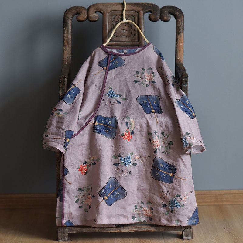 Johnature Herfst Vintage Print Bloemen Shirts Voor Vrouwen Ramee O-hals Lange Mouw Blouses Losse Vrouwelijke Lange Shirts Tops: Grey Purple
