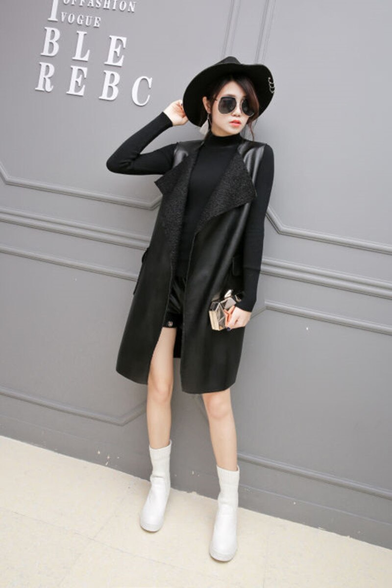 Chaleco largo negro para mujer, chaqueta sin mangas de PU sólido, prendas de vestir informales, primavera y otoño