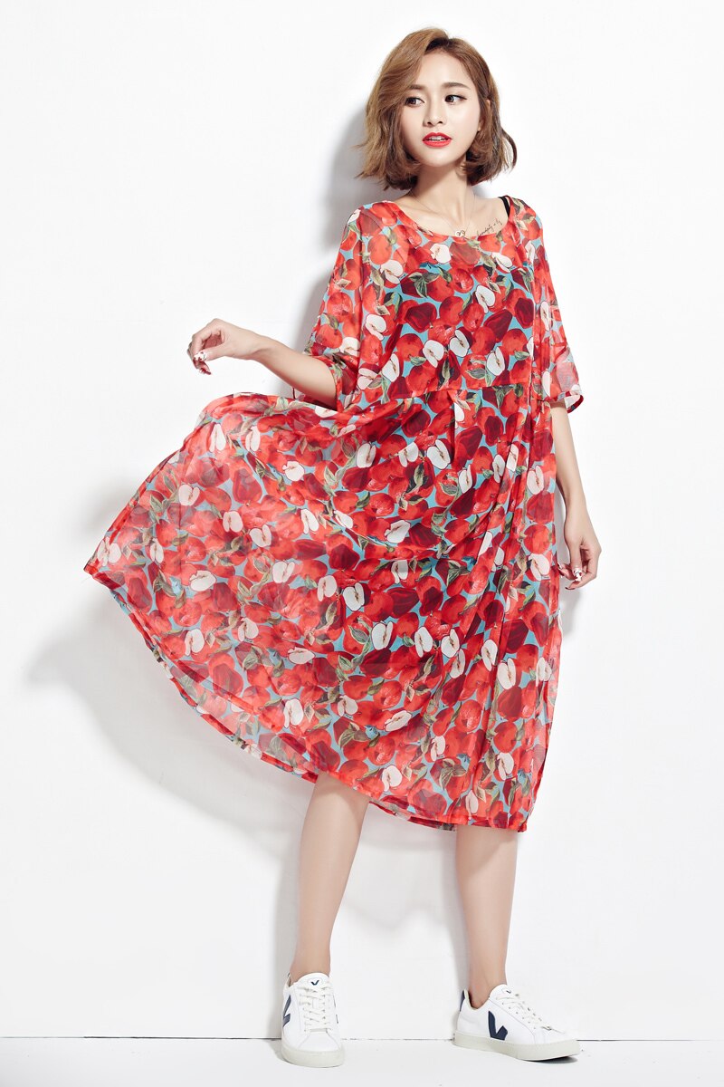 BelineRosa Plus Größe Frauen Strand Kleid Böhmischen Stil rot Apfel Druck 2 Stck Kleider Große Größen Frauen Weibliche TYW00332