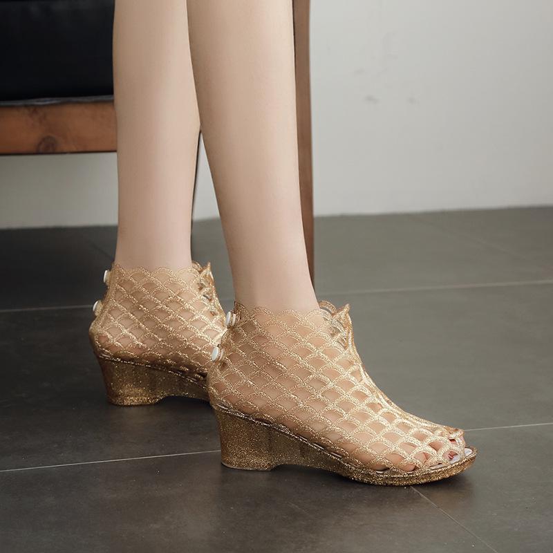 Size 36-40 Womens Sandals Summer Female Jelly Shoes 5cm Heels Peep Toe Clogs Wedges Slip-On Hole Hollow Crystal Zapatos Y17: Gold / 39