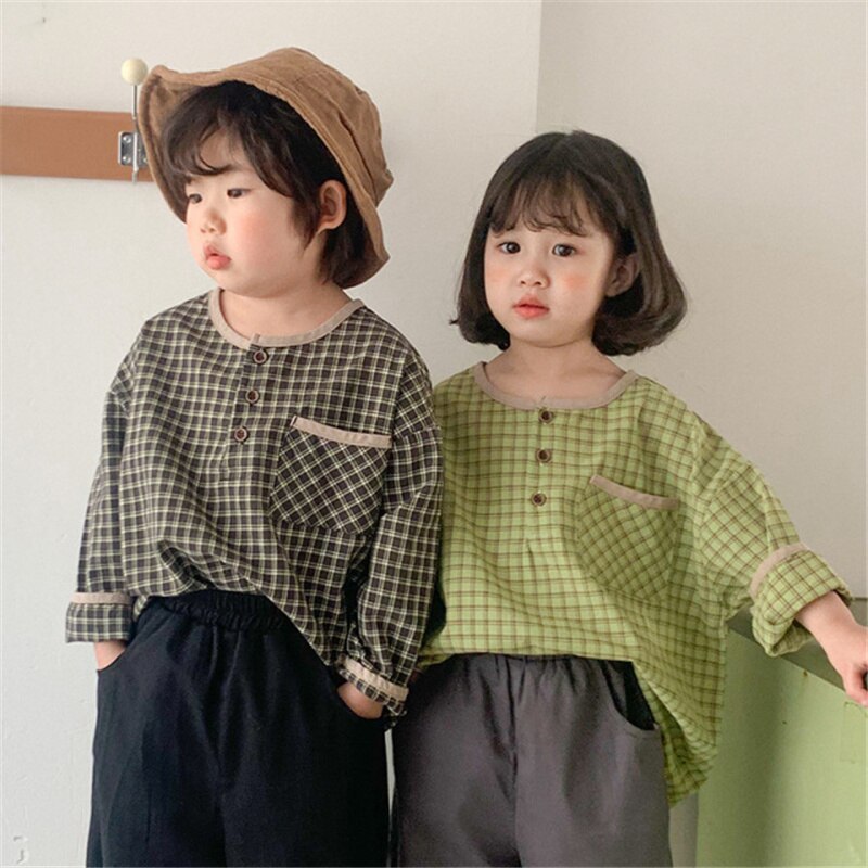 Stile coreano 2021 camicie a quadri Casual per bambini camicette per ragazzi e ragazze camicette a maniche lunghe in cotone allentate camicie vestiti