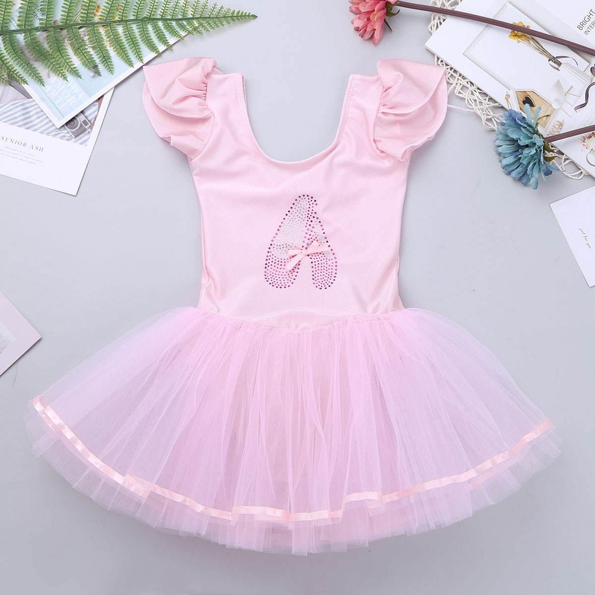 Kids Girls Pink Ruffled Cap Sleeves Sequined Ballerina Shoe Pattern Ballet Dance Gymnastics Leotard Tutu Mesh Dance Dress Briefs