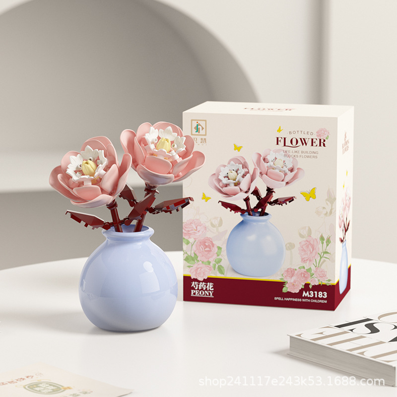 Building block pot plant bouquet of flowers, roses, lily building blocks, toys with flower pots, cute living room ornaments: GRAY