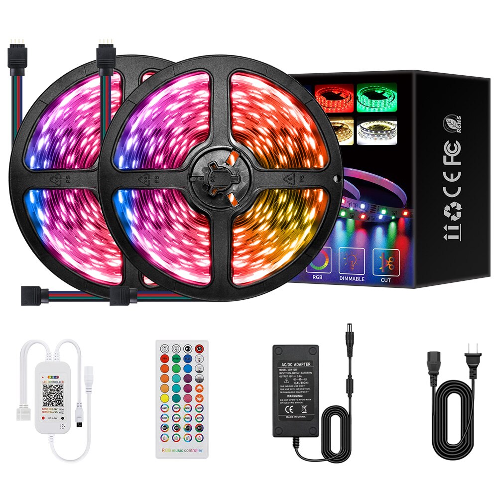 5050 RGB LED Strip Light Kit 10m Flexible Led Lighting Stripe Diode Music Remote Controller Power Adapter Set for Home Bar
