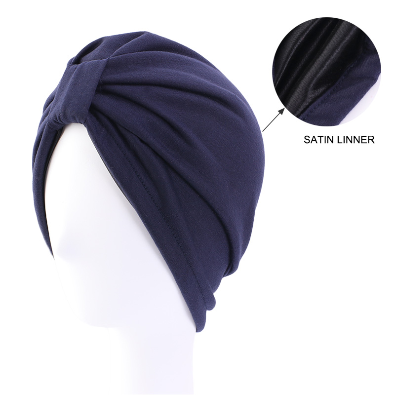 Chapeau turban musulman pour femme, hijab musulman, casquette de chimio contre le cancer, perte de cheveux islamique, écharpe de tête, doublure en satin, casquette arabe,: Marine Bleu