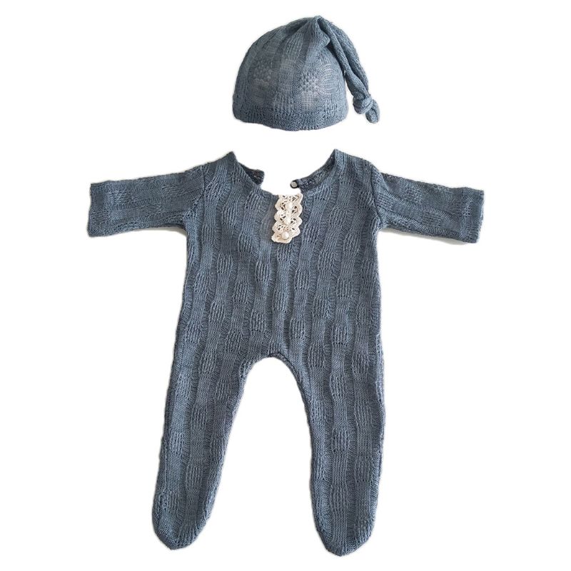 2 Stuks Pasgeboren Fotografie Props Pak Romper + Hoed Set Lange Mouw Jumpsuits Bodysuit Handgemaakte Knit Outfit Kleding Zuigelingen Douche: Blauw