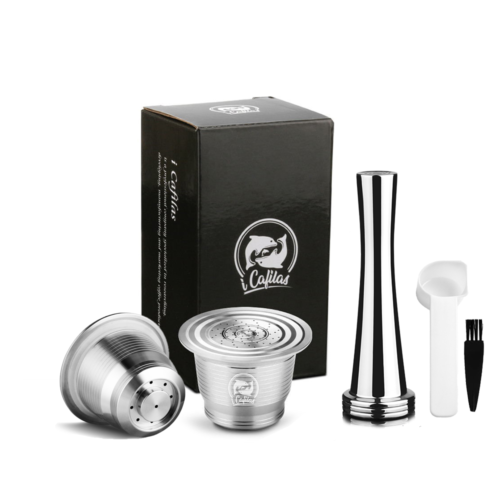 RECAFIMIL Reusable Coffee Capsule Stainless Steel Metal Refillable Coffee Pods for Nespresso Coffee Machine With Spoon & Brush: Dark Khaki