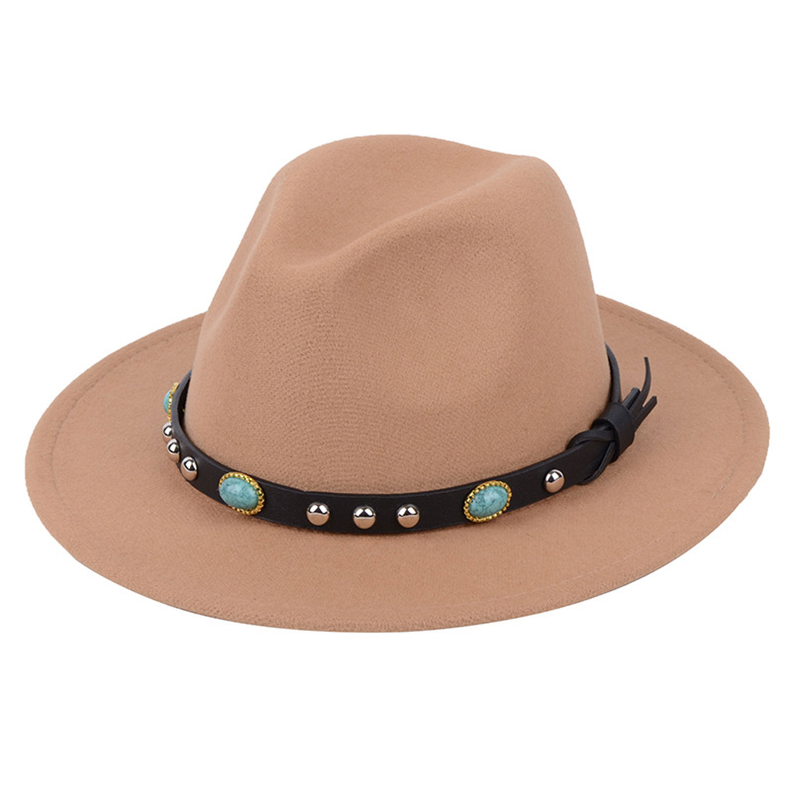 Sombrero de fieltro Vintage estilo inglés para hombre y mujer, Fedora de fieltro de lujo, hebilla de cinturón ancha, gorros con visera vaquera, sombrero de Jazz: Camel