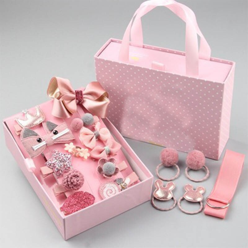 18pcs Children Hair Clip Girl Headwear Boxed Hairpin Hair Rope Accessories Hair Ring Circle Kid Lovely Rubber Band: pink