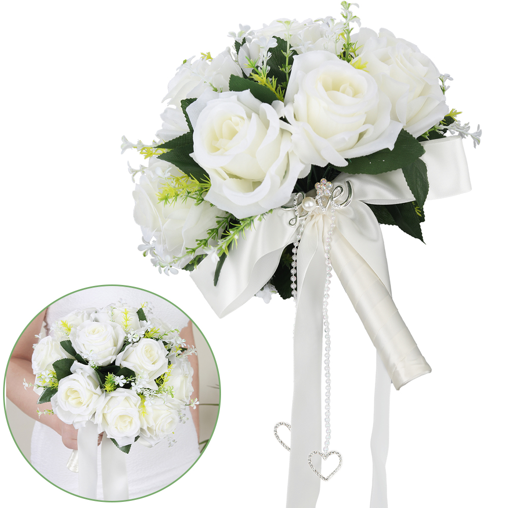 1 weißer Rosen-Hochzeits-Brautstrauß, mit „Liebe“-Dekor, für Hochzeiten, Valentinstag, Verlobungsfeiern
