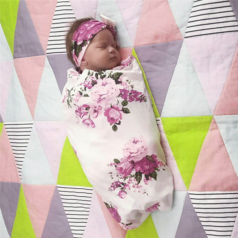 Pasgeboren Baby Inbakeren Deken Slapen Inbakeren Wrap Baby Handdoek Bloemen Printing Baby Deken Set Met Hoofdband