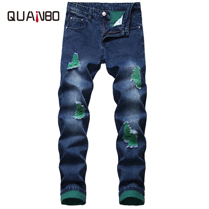 Herrjeans rak slim fit hål slitna jeans herr casual streetwear biker jeansbyxor man blå