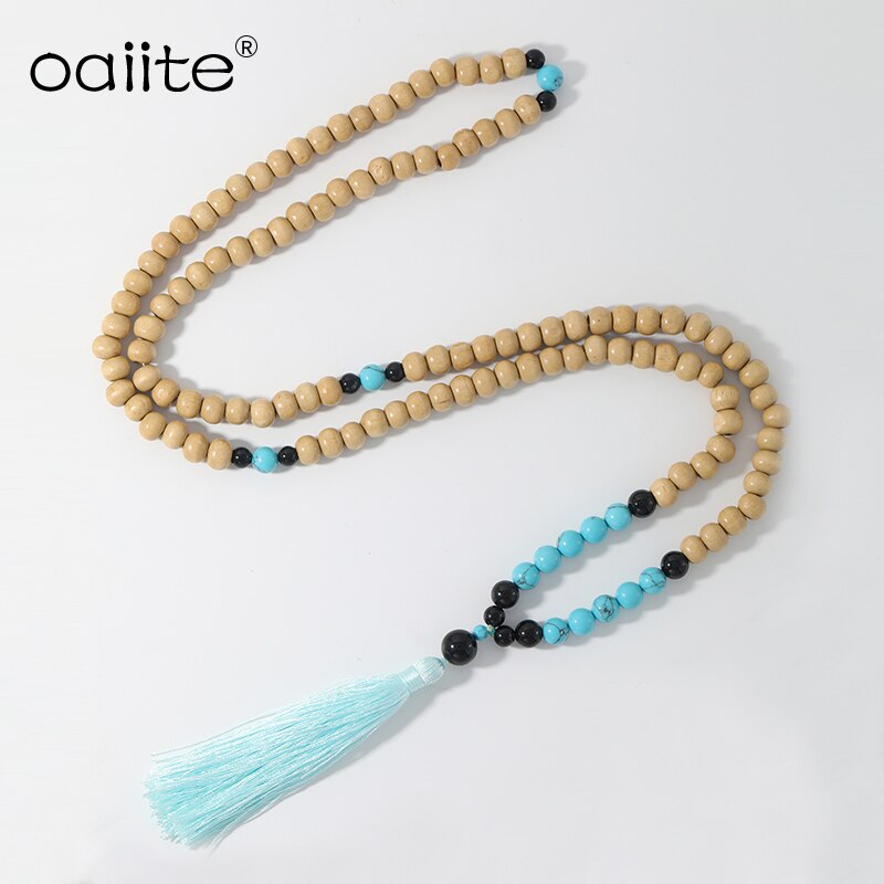 OAIITE Blue Tassel Wood Beads Statement Necklace Bohemian Ethnic Vintage Nature Stone Long Charm Necklace For Women Men