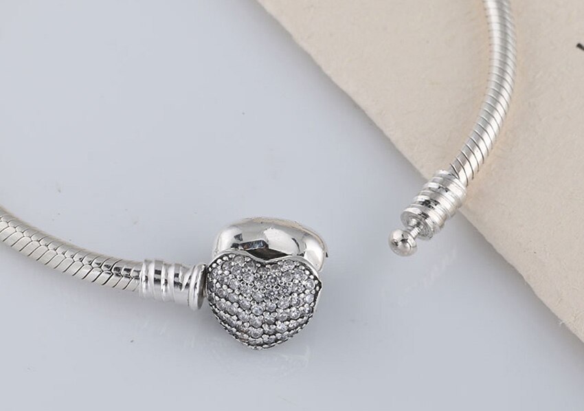 Moments originaux pavé coeur fermoir avec Bracelet en cristal Bracelet en forme de perle en argent Sterling 925 Bracelet à breloques bricolage bijoux fins