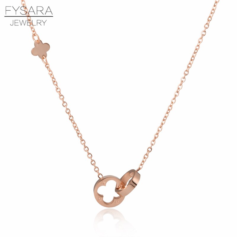 FYSARA Classic Brand Love Two Circle Double Buckle Necklace Roman Numeral Flower Clover Necklace Stainless Steel Gold Clavicle: rose gold flower