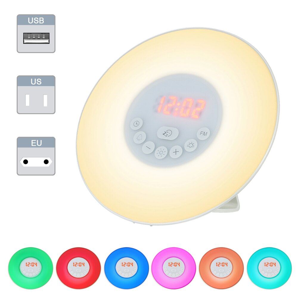Wake Up Light LED Alarm Clock Sunrise/Sunset Simulation Digital Alarm Clock with FM Radio 7 Colors Light Sounds Snooze Function