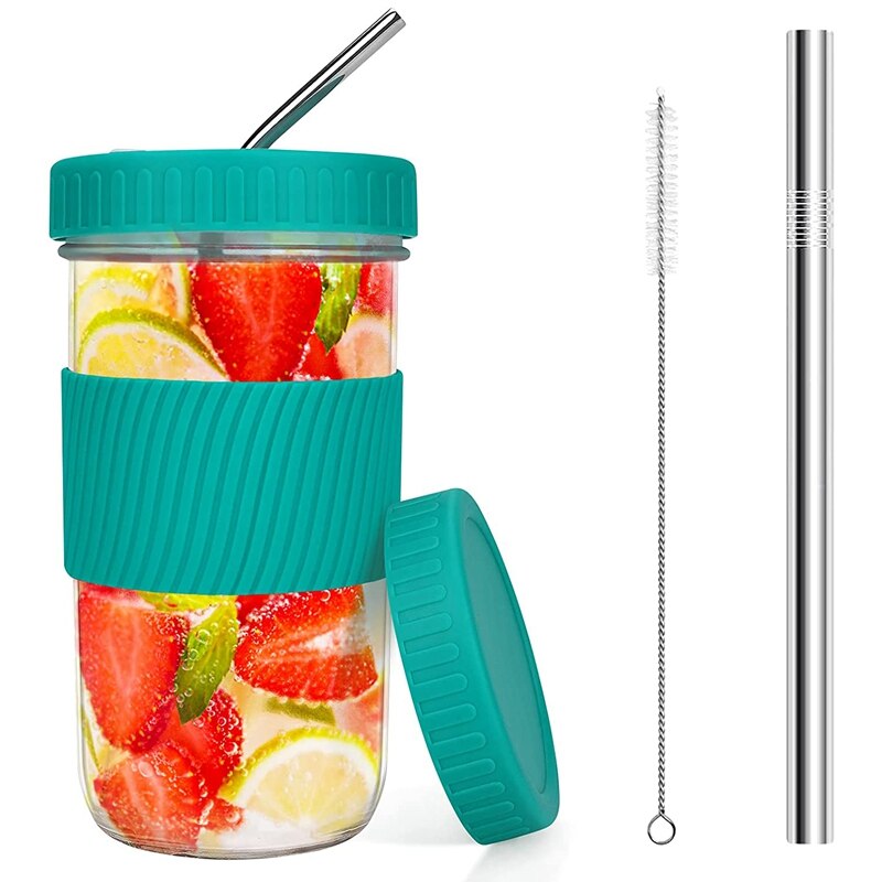 22Oz Reusable Boba Cup Mason Jar Cups with Lids and Straws Smoothie Cup Wide Mouth Bubble Tea Cup Travel Mug: Dark Green